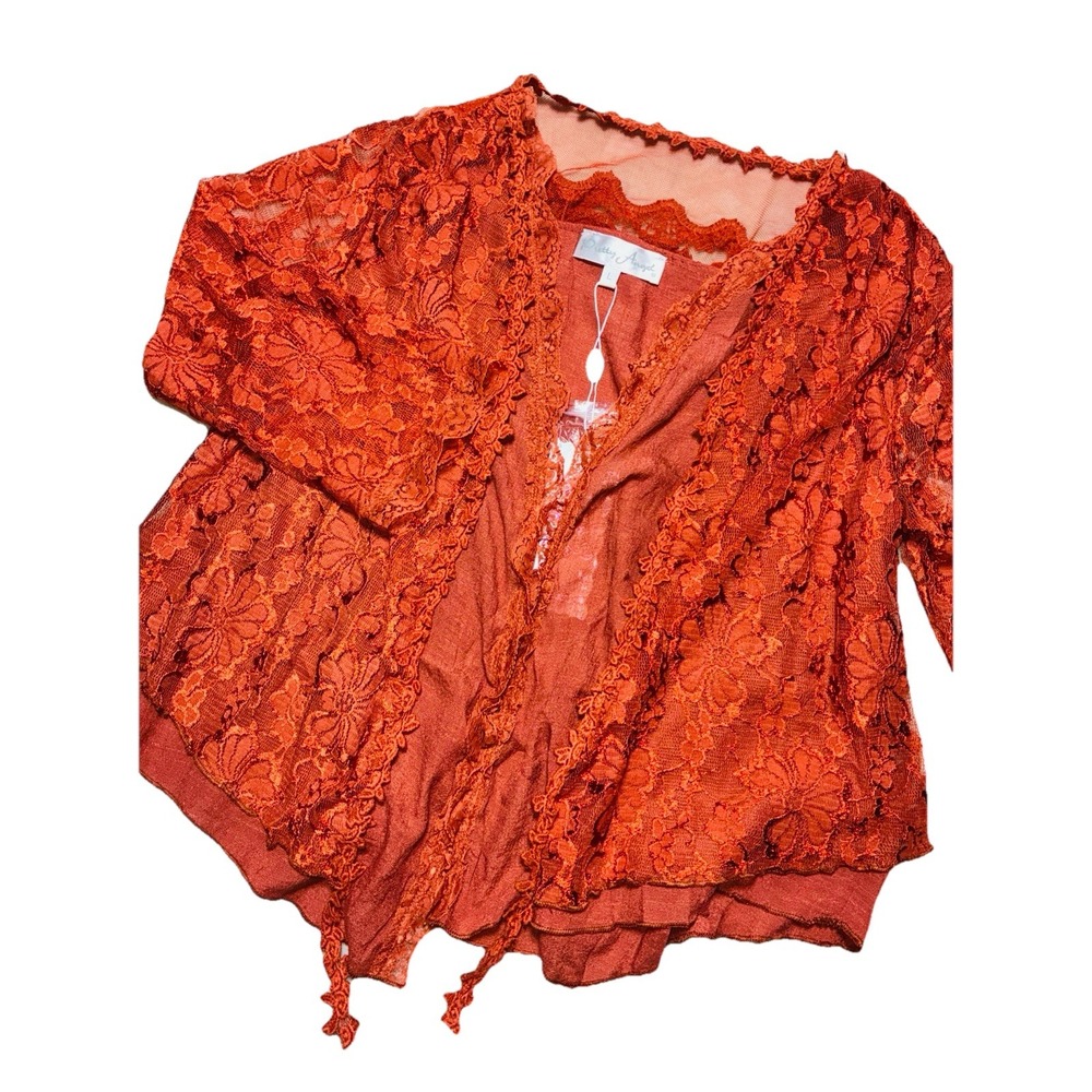 Pretty Angel Top Women's L Rust Orange Linen Blend Lace  Layered Boho Fairy‎ NEW